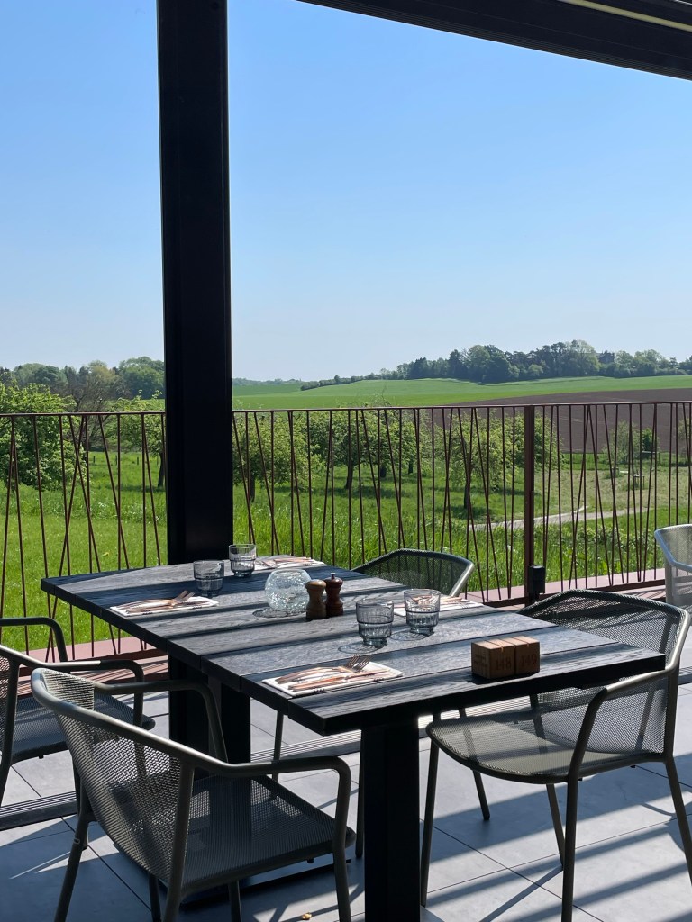 Views of the terrace and the fields outside.